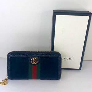 Authentic Gucci GG unisex Ophidia Wallet black suede with gold tone accents